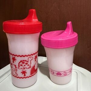 Vintage Playtex Plastic Sippy Cups Red Dinosaurs Pink Seals with Valves Lot of 2